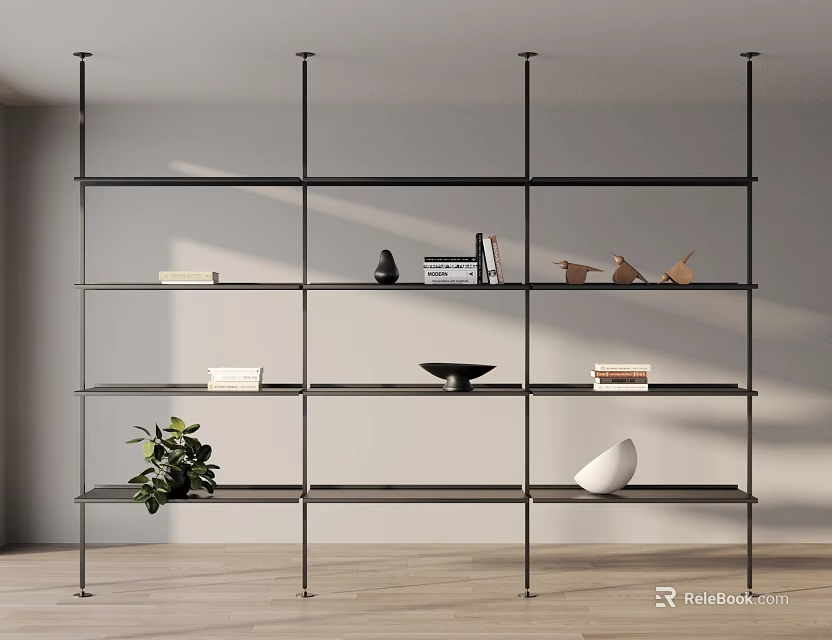 Modern Open Bookshelf with Metal Frame Shelves Holding Books Plants and Decorative Items 3d model 