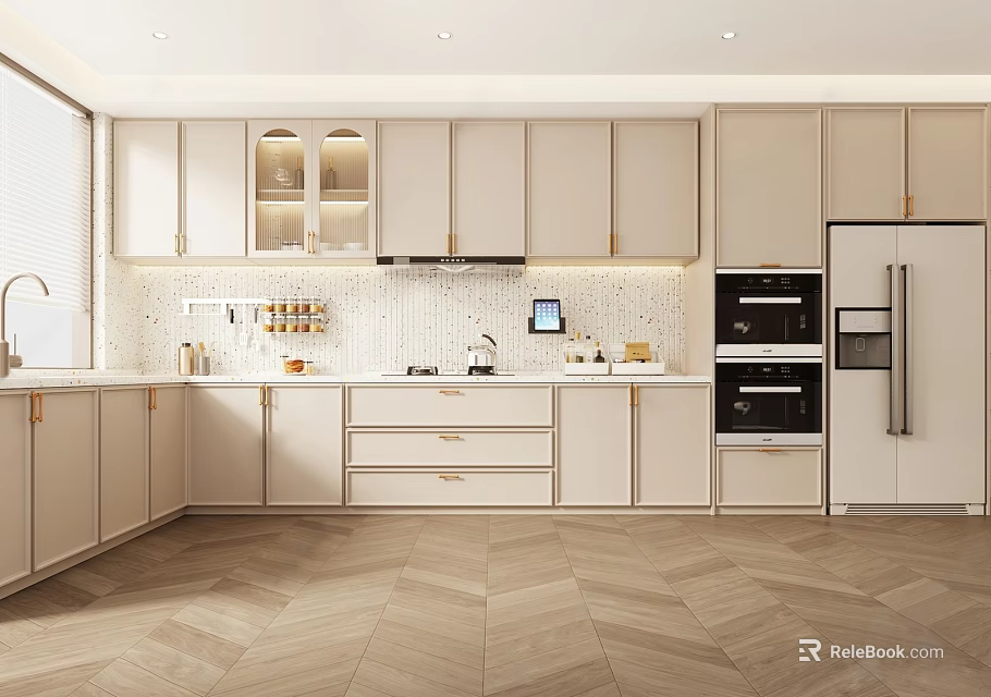 Modern Kitchen Interior With Beige Cabinets Island Counter Appliances And Herringbone Floor 3d model 