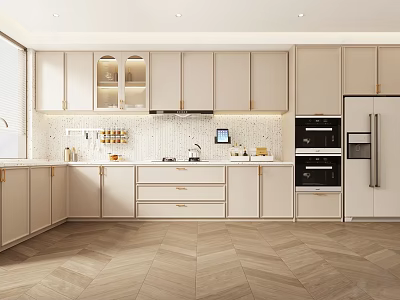 Modern Kitchen Interior With Beige Cabinets Island Counter Appliances And Herringbone Floor 3d model