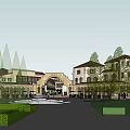 Classical Commercial Street With Arched Windows Green Awnings Outdoor Seating And Pedestrians