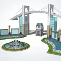 Modern Entrance Gate Design With Arched Structure Glass Curtain Walls And Central Fountain