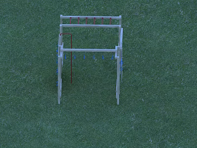 Outdoor Wooden Play Structure for Kids with Red Blue Climbing Elements on Green Grass 3d model