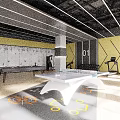 Contemporary Fitness Space With Table Tennis Table Treadmill Yellow Gray Walls And Wooden Flooring