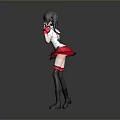 3D Model Woman With Red Ponytails White Top Black Skirt Red Bow And Posing With Raised Hand