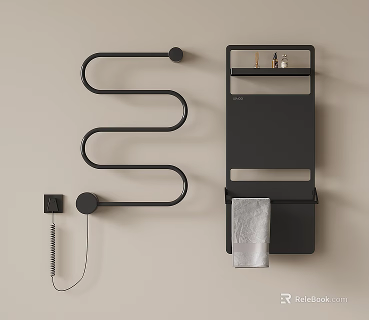 Modern Black Bathroom Accessories With Wall Mounted Towel Rack And Storage Shelf 3d model 