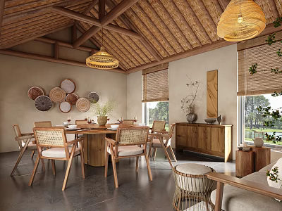 Natural Style Private Dining Room Interior With Wooden Beams Thatched Roof And Circular Decorative Plates 3d model