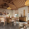 Natural Style Private Dining Room Interior With Wooden Beams Thatched Roof And Circular Decorative Plates