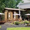 Modern Milk Tea Shop Exterior With Outdoor Terrace Green Trees And Umbrellas