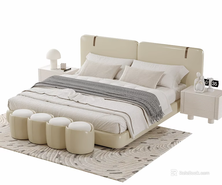 Double Bed With Beige Headboard Pillows Gray White Blanket Nightstands Lamp Decorations Stools Textured Rug 3d model 