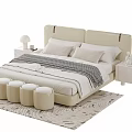 Double Bed With Beige Headboard Pillows Gray White Blanket Nightstands Lamp Decorations Stools Textured Rug