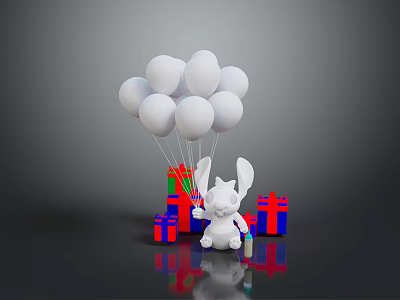 White Balloons And Rabbit Doll With Colorful Gift Boxes On Black Surface 3d model
