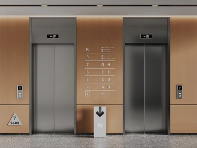 Modern Elevator Lobby With Two Metal Elevators Floor Directory And Downward Arrow 3d model