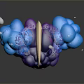 Game Movie Character With Blue Cloud Like Structures Purple Base Black Eyes And White Bubbles