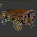 Vintage Wooden Carriage With Brown Roof Large Wheels Ladder Small Windows And Door