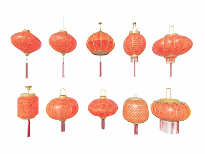 Traditional Red Lanterns with Various Decorative Patterns and Hanging Tassels Designs 3d model