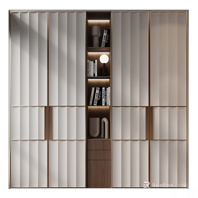 Elegant Modern Bookcase Interior Design With Wooden Shelves Books And Decorative Pieces 3d model 