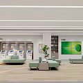 Modern Bank Interior With Self Service Machines Lounge Area Green Plant And Digital Screen