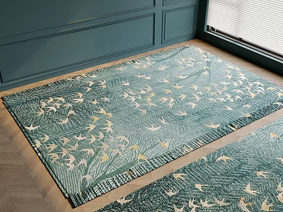Square Teal Green Rug With Golden Bird Leaf Patterns On Wooden Floor 3d model