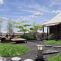 Karesansui Japanese Garden with Thatched Roof Wooden House Stone Lanterns and Mossy Greenery