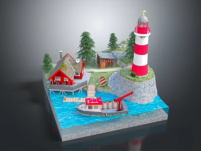 Cartoon Scene With Red And White Lighthouse Small Wooden Houses Pine Trees And Boat On Water 3d model