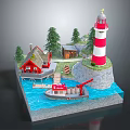 Cartoon Scene With Red And White Lighthouse Small Wooden Houses Pine Trees And Boat On Water