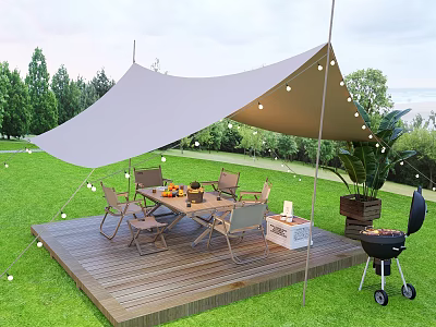 Scenic Outdoor Picnic Spot With Canopy Tent Wooden Deck And Grill 3d model