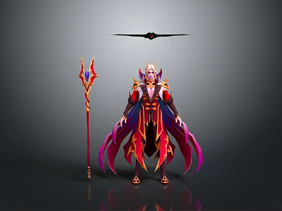 Woman In Elegant Red And Purple Robe Holding Red Decorative Staff With Black Winged Object 3d model