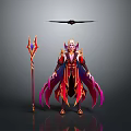 Woman In Elegant Red And Purple Robe Holding Red Decorative Staff With Black Winged Object