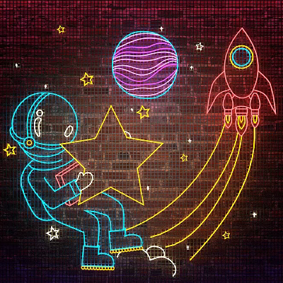 Neon Style Decorative Lights With Astronaut Stars Planet And Rocket On Brick Wall Background 3d model
