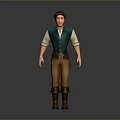 3D Male Character Wearing Green Vest White Shirt Brown Pants Boots with Belt and Pouch