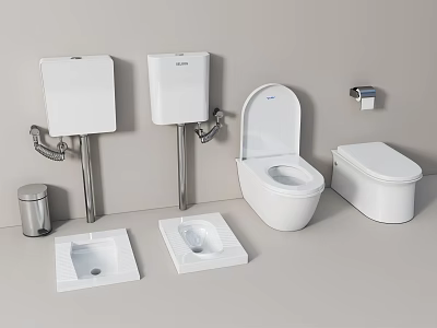 Modern Toilet Collection Including Wall Hung Tanks Bowl Squatting Pan Trash Can and Paper Holder 3d model