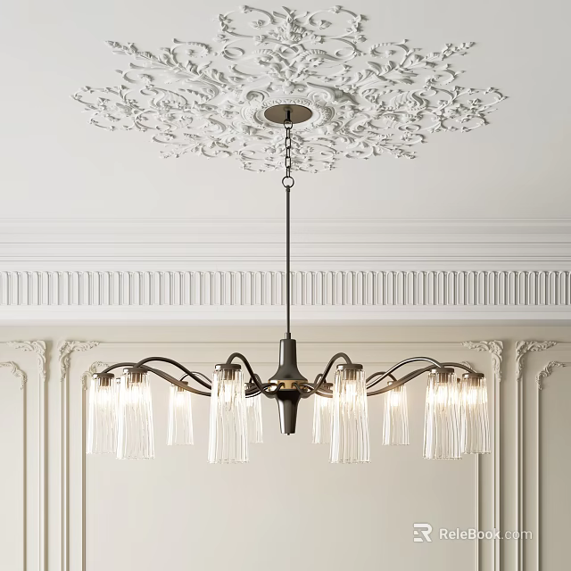 Elegant Chandelier With Transparent Glass Shades And Metal Frame On Ornate Ceiling 3d model 