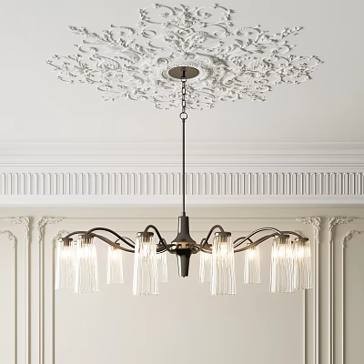 Elegant Chandelier With Transparent Glass Shades And Metal Frame On Ornate Ceiling 3d model