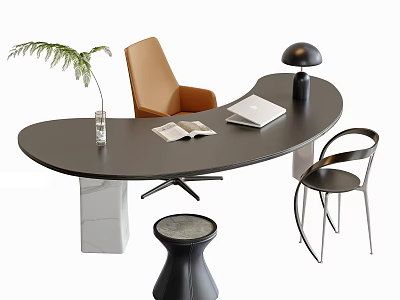 Modern Curved Black Desk Chair Set with Open Book Laptop Green Plant and Brown Armchair 3d model
