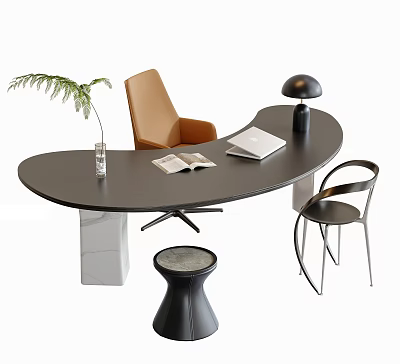 Modern Curved Black Desk Chair Set with Open Book Laptop Green Plant and Brown Armchair 3d model