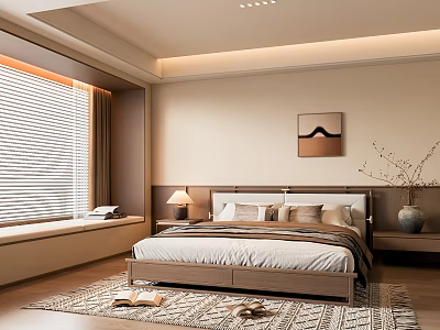 Room Divider Blinds in Warm Tones Bedroom with Wooden Bed Wall Art and Area Rug 3d model