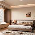 Room Divider Blinds in Warm Tones Bedroom with Wooden Bed Wall Art and Area Rug