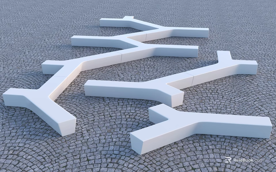 Modern White Branch Shaped Outdoor Landscape Seats On Cobblestone Pavement 3d model 