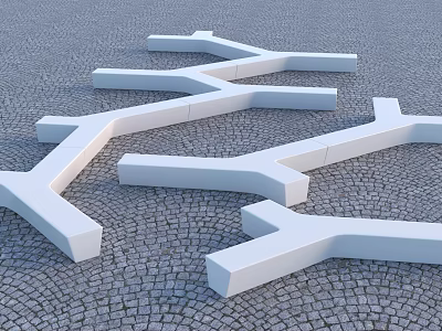 Modern White Branch Shaped Outdoor Landscape Seats On Cobblestone Pavement 3d model