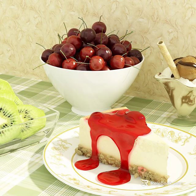 Fresh Cherries In White Bowl With Sliced Kiwi Cheesecake And Ice Cream 3d model 