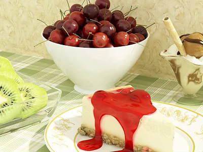 Fresh Cherries In White Bowl With Sliced Kiwi Cheesecake And Ice Cream 3d model