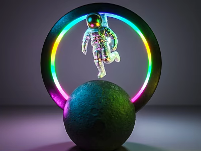 Modern Decorative Ornament Set With Astronaut Figure Moon Base And Rainbow LED Ring 3d model