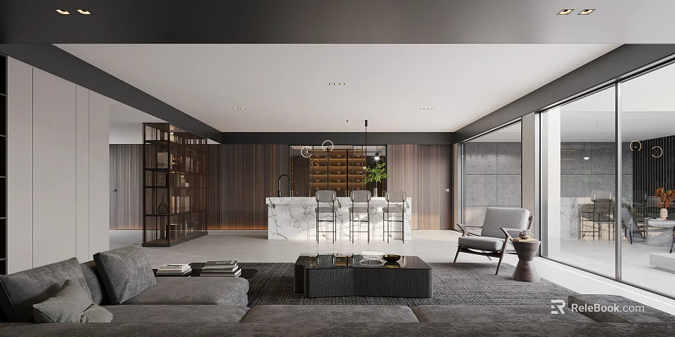 Contemporary Lounge Room Interior With Gray Sofa Wooden Walls And Floor To Ceiling Windows 3d model 