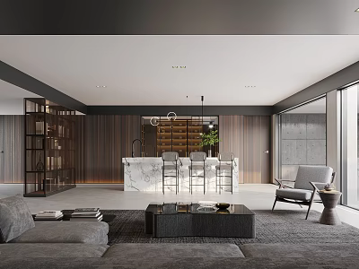 Contemporary Lounge Room Interior With Gray Sofa Wooden Walls And Floor To Ceiling Windows 3d model