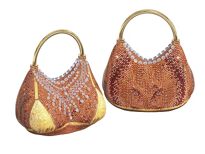 Brown And Gold Beaded Handbags With Elegant Curved Shape Golden Handles And Dangling Crystals 3d model