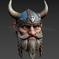 Viking Style Decorative Ornament Set Featuring Horned Helmet Head Sculpture With Braided Beard