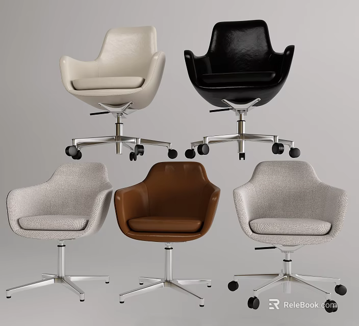 Modern Office Chairs In Various Colors With Leather Fabric And Metal Base Wheels 3d model 