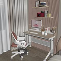 Modern Home Office Workspace With Desk Computer Chair Stationery Shelf And Striped Wall