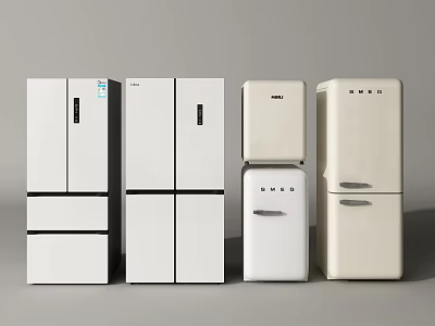 Stylish Refrigerators and Freezers with Various Door Configurations and Neutral Tones 3d model