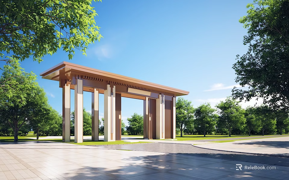 Elegant Modern Memorial Archway With Green Trees Blue Sky And Stone Pavement In Scenic Area 3d model 